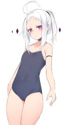 Rule 34 | 1girl, ahoge, bare arms, bare shoulders, blush, closed mouth, collarbone, commentary request, covered navel, cowboy shot, flat chest, highres, looking at viewer, medium hair, one-piece swimsuit, original, otokuyou, ponytail, revision, simple background, solo, standing, swimsuit, white background, white hair