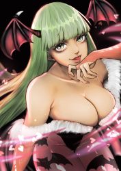 Rule 34 | 1girl, absurdres, animal print, artist name, bare shoulders, bat print, bat wings, black background, blunt bangs, breasts, bridal gauntlets, cleavage, collarbone, commentary, cropped legs, demon girl, feather trim, green eyes, green hair, hand up, head wings, heart, highres, large breasts, looking at viewer, morrigan aensland, pantyhose, print pantyhose, rui (user wyxs8384), simple background, tongue, tongue out, upper body, vampire (game), wings