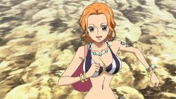 Rule 34 | 1girl, animated, animated gif, bikini, black eyes, bouncing breasts, breasts, cleavage, female focus, lowres, nami (one piece), navel, one piece, one piece: strong world, orange hair, running, running towards viewer, short hair, smile, solo, swimsuit, tattoo