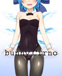 Rule 34 | 1girl, bad id, bad pixiv id, blue hair, bow, bowtie, breasts, playboy bunny, cirno, detached collar, english text, female focus, flat chest, head out of frame, highres, ice, ice wings, leotard, mantarou (shiawase no aoi tori), pantyhose, short hair, small breasts, solo, touhou, wings, wrist cuffs