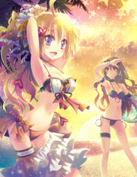 Rule 34 | 2girls, :d, ahoge, armpits, arms up, bad id, bad pixiv id, bikini, blonde hair, blush, bow, bracelet, breasts, brown hair, cleavage, clothes pull, colorful, earrings, flower, hair flower, hair ornament, heart, jewelry, bridal garter, legs, long hair, multiple girls, navel, o-ring, o-ring top, open mouth, original, ponytail, skirt, skirt pull, smile, sparkle, star (symbol), sunset, swimsuit, thigh strap, thighhighs, yamadori yoshitomo