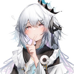 Rule 34 | 1girl, absurdres, black ribbon, blush, closed mouth, commentary request, commission, frills, hair ornament, hair ribbon, hairclip, heart, highres, index finger raised, long hair, long sleeves, looking at viewer, original, red eyes, ribbon, silver hair, simple background, skeb commission, smile, solo, tab head, two side up, upper body, white background, wide sleeves, x hair ornament