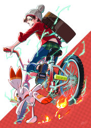 Rule 34 | 1boy, backpack, bag, beanie, bicycle, blue pants, brown bag, brown hair, commentary request, creatures (company), electricity, fire, from below, game freak, gen 4 pokemon, gen 8 pokemon, grey headwear, hat, highres, holding, looking back, looking down, nintendo, open mouth, orange eyes, pants, pokemon, pokemon (creature), pokemon swsh, red shirt, riding, riding bicycle, rotom, rotom bike, scorbunny, shirt, shoes, sleeves rolled up, teeth, tongue, victor (pokemon), wedo
