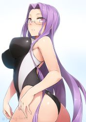 Rule 34 | 1girl, armpit peek, ass, bare arms, bare shoulders, black one-piece swimsuit, blush, breasts, commentary request, competition swimsuit, covered erect nipples, cowboy shot, fate/stay night, fate (series), from side, glasses, hair intakes, large breasts, long hair, looking at viewer, looking to the side, medusa (fate), medusa (rider) (fate), nose blush, one-piece swimsuit, pink eyes, purple hair, solo, square pupils, sweat, swimsuit, twitter username, very long hair, yanagi (tsukiakari)