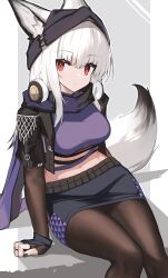 Rule 34 | 1girl, absurdres, animal ears, arknights, beanie, black hat, black jacket, black nails, black skirt, breasts, brown gloves, brown pantyhose, closed mouth, crop top, cropped jacket, ears through headwear, elbow gloves, feet out of frame, fingerless gloves, fox ears, fox girl, fox tail, frostleaf (arknights), frostleaf (breaking the ice) (arknights), gloves, grey background, hat, headphones, headphones around neck, highres, jacket, long hair, looking at viewer, medium breasts, midriff, nail polish, navel, open clothes, open jacket, pantyhose, red eyes, short sleeves, sidelocks, sitting, skirt, solo, tail, two-tone background, white background, white hair, yki