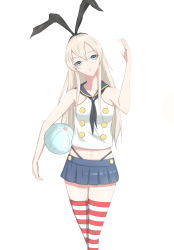 Rule 34 | 10s, 1girl, absurdres, ball, blonde hair, blue eyes, eyebrows, highres, kantai collection, long hair, looking at viewer, miniskirt, neckerchief, no gloves, shimakaze (kancolle), simple background, skirt, solo, striped clothes, striped thighhighs, susms otro, susmsuff0cotro, thighhighs, white background