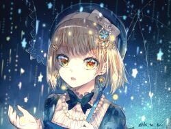 Rule 34 | 1girl, :o, artist name, artoria (hitoba), blonde hair, blue background, blue bow, blue dress, blurry, bow, bowtie, commentary, depth of field, dress, earrings, frilled shirt collar, frilled umbrella, frills, gradient background, hair ornament, hand up, hat, highres, hitoba, holding, holding star, holding umbrella, jewelry, necklace, open mouth, original, pearl necklace, rain, short hair, solo, star (symbol), star earrings, star hair ornament, symbol-only commentary, umbrella, yellow eyes