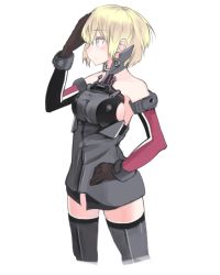 Rule 34 | 10s, 1girl, alternate hair length, alternate hairstyle, bad id, bad twitter id, bare shoulders, bismarck (kancolle), blonde hair, blue eyes, breasts, cowboy shot, cropped legs, detached sleeves, fujibejifu, hand on own head, hand on own hip, kantai collection, large breasts, profile, short hair, sideboob, solo, thighhighs, white background