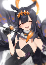 Rule 34 | 1girl, absurdres, black choker, black gloves, black hair, blush, choker, closed eyes, fur-trimmed choker, fur trim, gloves, half gloves, halo, highres, holding, holding pen, hololive, hololive english, long hair, mole, mole under eye, multicolored hair, ninomae ina&#039;nis, ninomae ina&#039;nis (1st costume), open mouth, orange hair, patterned, patterned clothing, pen, shisantian, sketch, smile, solo, teeth, tentacle hair, tentacles, upper teeth only, virtual youtuber