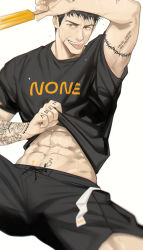 Rule 34 | 1boy, :p, abs, absurdres, arm tattoo, bara, black hair, black shirt, black shorts, chromatic aberration, clothes lift, english text, food, highres, holding, holding food, looking at viewer, male focus, muscular, muscular male, navel, open mouth, orange eyes, original, popsicle, scar, scar on face, shirt, shirt lift, short hair, shorts, smile, solo, spread legs, tai (tai xwxy), tattoo, teeth, tongue, tongue out
