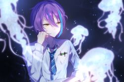 Rule 34 | 1boy, blue necktie, closed mouth, collared shirt, diagonal-striped clothes, diagonal-striped necktie, highres, jellyfish, kamishiro rui, long sleeves, looking to the side, mermaid ni akogarete (project sekai), multicolored hair, necktie, otorrio, pen, pencil, pocket, project sekai, purple hair, shirt, solo, streaked hair, striped clothes, upper body, white shirt, yellow eyes