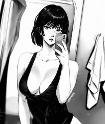 Rule 34 | 1girl, artist name, bare shoulders, black tank top, breasts, cowboy shot, fubuki (one-punch man), holding, holding phone, large breasts, looking at mirror, mirror, mirror selfie, miss faves, monochrome, one-punch man, phone, selfie, shower curtain, solo, tank top, towel