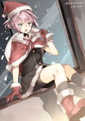 Rule 34 | 1girl, bike shorts, black legwear, black shorts, blue eyes, boots, chibirisu, fur trim, gloves, grey skirt, grey vest, hair between eyes, hair intakes, hat, kantai collection, open mouth, pink hair, pleated skirt, pom pom (clothes), ponytail, red footwear, red gloves, santa boots, santa gloves, santa hat, shiranui (kancolle), short hair, shorts, shorts under skirt, sitting, skirt, snowing, solo, twitter username, vest