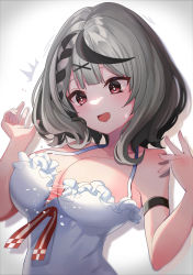Rule 34 | 1girl, black hair, breasts, camisole, cleavage, commentary, grey hair, hair ornament, highres, hololive, large breasts, medium hair, multicolored hair, red eyes, sakamata chloe, solo, streaked hair, virtual youtuber, white camisole, x hair ornament, yukisuke (user gtmm7833)