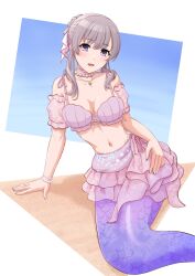 Rule 34 | 1girl, :d, bikini, bikini skirt, blush, breasts, cleavage, commentary request, detached sleeves, frilled skirt, frills, grey hair, highres, idolmaster, idolmaster shiny colors, jewelry, large breasts, long hair, looking at viewer, mermaid, monster girl, monsterification, navel, necklace, open mouth, pearl necklace, pink skirt, pink sleeves, purple bikini, purple eyes, scales, shell, shell bikini, sitting, skirt, smile, solo, swimsuit, tanjunde, yukoku kiriko