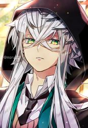 Rule 34 | 1boy, asclepius (fate), black jacket, fate/grand order, fate (series), gloves, green eyes, hair between eyes, hat, hood, hood up, hooded jacket, jacket, long hair, looking at viewer, male focus, moru, necktie, portrait, solo, upper body, white hair