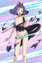 Rule 34 | 1girl, acerola (pokemon), armlet, bare legs, blush, bow, bow panties, breasts, collarbone, creatures (company), embarrassed, game freak, gluteal fold, hair ornament, highres, looking at viewer, medium hair, nail polish, nintendo, nipples, open mouth, panties, pokemon, pokemon sm, purple eyes, purple hair, purple nails, purple ribbon, ribbon, ribbon panties, short sleeves, small breasts, solo, standing, sweatdrop, tearing up, tears, torn clothes, tsukishiro saika, underwear, white panties