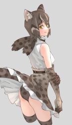 Rule 34 | 1girl, absurdres, animal ear fluff, animal ears, animal print, bare shoulders, breasts, brown hair, cat ears, cat girl, cat tail, clothes lift, commentary, cropped torso, elbow gloves, from behind, gloves, grey background, hair between eyes, highres, iriomote cat (kemono friends), kemono friends, looking back, medium breasts, multicolored hair, panties, print gloves, print panties, print skirt, print thighhighs, shirt, short hair, simple background, skirt, skirt lift, sleeveless, sleeveless shirt, smile, solo, streaked hair, tail, tanabe (fueisei), thighhighs, underwear, white hair, white shirt, yellow eyes