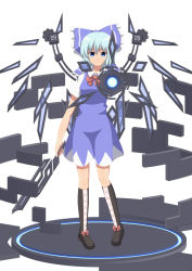 Rule 34 | 1girl, aiming, aiming at viewer, bad id, bad pixiv id, blue eyes, blue hair, boots, bow, cirno, cross-laced footwear, dress, hair bow, highres, kinakomoti, matching hair/eyes, mechanical wings, pigeon-toed, short hair, solo, sword, touhou, weapon, wings