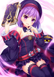 Rule 34 | 1girl, absurdres, bare shoulders, belt, beret, black skirt, blush, book, breasts, corset, detached collar, detached sleeves, fate/grand order, fate (series), flower, hands up, hat, helena blavatsky (fate), helena blavatsky (third ascension) (fate), highres, holding, holding book, looking at viewer, parted lips, purple eyes, purple hair, short hair, sitting, skirt, small breasts, smile, solo, strapless, thighhighs, thighs, wakagi repa, zettai ryouiki