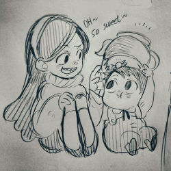 Rule 34 | 1boy, 1girl, black eyes, candy, crossover, food, gravity falls, gregory (over the garden wall), happy, long hair, mabel pines, monochrome, open mouth, over the garden wall, overalls, pointing, smile, teapot, text focus, traditional media, twohairs
