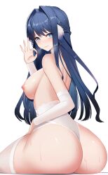 Rule 34 | 1girl, absurdres, arknights, ass, astesia (arknights), ateoyh, blue eyes, blue hair, blush, breasts, bright pupils, diamond-shaped pupils, diamond (shape), garter belt, hair intakes, handjob gesture, highres, large breasts, long hair, nipples, simple background, sitting, smile, solo, symbol-shaped pupils, thighhighs, topless, white background, white pupils, white thighhighs