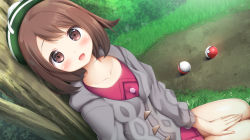 Rule 34 | 1girl, :d, bad id, bad pixiv id, blush, brown eyes, brown hair, cardigan, collarbone, collared dress, creatures (company), day, dress, game freak, gloria (pokemon), green hat, grey cardigan, hat, hood, hood down, hooded cardigan, long sleeves, looking at viewer, murano, nintendo, on grass, open mouth, outdoors, poke ball, poke ball (basic), pokemon, pokemon swsh, purple dress, seiza, sitting, smile, solo, tam o&#039; shanter, tree