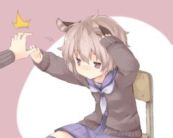 Rule 34 | 1girl, akagashi hagane, alternate costume, animal ears, blush, cardigan, chair, grey hair, hand on own head, long sleeves, looking at another, mouse ears, nazrin, outstretched arm, purple thighhighs, red eyes, sailor collar, school uniform, shirt, short hair, simple background, sitting, skirt, skirt set, sleeves past wrists, solo focus, thighhighs, touhou, vest, zettai ryouiki
