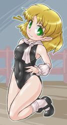 Rule 34 | 1girl, armpit peek, bare shoulders, black footwear, black one-piece swimsuit, blonde hair, blush, breasts, closed mouth, covered navel, fence, full body, green eyes, highleg, highleg swimsuit, kneeling, looking at viewer, looking to the side, mary janes, medium breasts, mizuhashi parsee, one-piece swimsuit, outdoors, pointy ears, scarf, school swimsuit, shiny clothes, shiny skin, shoes, sideboob, smile, socks, solo, swimsuit, tareme, touhou, white socks, winn, wrist cuffs