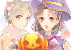 Rule 34 | 10s, 2girls, animal costume, animal ears, bat wings, breasts, brown eyes, brown hair, candy, cat costume, cat ears, chitose (kancolle), chiyoda (kancolle), dress, food, fuwa teitoku, grey hair, halloween, hat, jack-o&#039;-lantern, kantai collection, lollipop, long hair, multiple girls, northern ocean princess, open mouth, ponytail, short hair, smile, wings, witch hat