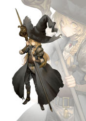 Rule 34 | 1girl, adapted costume, armor, bell, belt, black headwear, black pants, blonde hair, boots, bow, braid, brooch, brown vest, full body, hair bow, hare (yamihuji), hat, headband, highres, holding, holding polearm, holding spear, holding weapon, jewelry, kirisame marisa, knee boots, long hair, looking at viewer, pants, pauldrons, polearm, shirt, shoulder armor, single braid, single pauldron, sleeves rolled up, spear, torn clothes, torn headband, touhou, vest, weapon, white background, white bow, white shirt, witch hat, yellow eyes, zoom layer