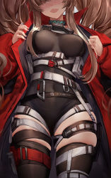 Rule 34 | 1girl, :d, am1m, angelina (arknights), angelina (distinguished visitor) (arknights), arknights, belt, black choker, black leotard, black thighhighs, blush, breasts, breasts apart, brown hair, chinese commentary, choker, close-up, coat, commentary request, covered navel, cropped legs, gluteal fold, hair over one eye, hairband, head tilt, highres, large breasts, leotard, long hair, long sleeves, looking at viewer, medium breasts, nail polish, nose blush, official alternate costume, open clothes, open coat, open mouth, pink nails, pouch, red coat, red hairband, sidelocks, skin tight, skindentation, smile, solo, thigh strap, thighhighs, thighs, twintails, undressing, very long hair, wavy mouth, white belt