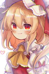 Rule 34 | 1girl, :q, absurdres, ascot, blonde hair, blouse, blush, bow, collar, collared shirt, dorowa (drawerslove), dress, flandre scarlet, hair between eyes, hat, hat bow, heart, highres, long hair, looking at viewer, mob cap, red bow, red dress, red eyes, red hat, shirt, simple background, solo, tongue, tongue out, touhou, upper body, white background, white collar, white shirt, white sleeves, yellow ascot