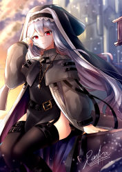 Rule 34 | 1girl, absurdres, arknights, arm support, belt, black belt, black dress, black footwear, black headwear, black nails, black thighhighs, boots, breasts, capelet, cloud, coat, dress, feet out of frame, garter straps, grey capelet, grey coat, grey hair, habit, hair between eyes, hand up, highres, jewelry, long hair, long sleeves, looking at viewer, nail polish, necklace, outdoors, pelvic curtain, pendant, red eyes, renka (cloudsaikou), signature, sitting, small breasts, smile, solo, specter (arknights), thighhighs, thighs, upper body, very long hair