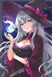 1girl alternate_costume arm_under_breasts artist_name ayaka_zaphyr black_dress black_hat black_shrug breasts cleavage dress eyebrows eyelashes female_focus grey_hair grin hand_up hat indie_virtual_youtuber isai_salazar large_breasts long_hair pink_eyes pink_shrug shrug_(clothing) smile solo strapless strapless_dress teeth two-tone_shrug virtual_youtuber wide_sleeves witch witch_hat