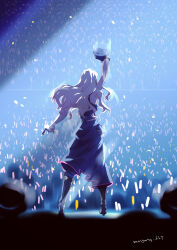 Rule 34 | 1girl, arm up, black footwear, blonde hair, blue cape, blue headwear, blue shirt, blurry, blurry foreground, boots, breasts, cape, commentary request, crop top, cropped shirt, floating hair, from behind, full body, glowstick, hat, highres, holding, holding clothes, holding hat, holding microphone, indoors, knee boots, long hair, macross, macross frontier, medium breasts, microphone, ryu (masu nantoka-san), sheryl nome, shirt, sleeveless, sleeveless shirt, stage, stage lights, standing, twitter username, unworn hat, unworn headwear, waist cape