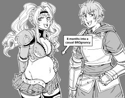 Rule 34 | 1boy, 1girl, 1koma, :d, absurdres, arm behind back, armor, arms at sides, arrow (symbol), bb (baalbuddy), belt, big belly, breasts, cleavage, comic, cowboy shot, english text, gauntlets, gran (granblue fantasy), granblue fantasy, greyscale, hand on own stomach, headband, highres, hood, hood down, large breasts, long hair, looking at viewer, midriff, monochrome, navel, open belt, open mouth, outie navel, pregnant, short hair, short shorts, shorts, shoulder armor, smile, stomach, thighhighs, turtleneck, twintails, vest, zeta (granblue fantasy)
