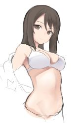 Rule 34 | 10s, 1girl, bra, breasts, brown eyes, brown hair, cleavage, girls und panzer, goji (five clock), large breasts, light smile, long hair, looking at viewer, mika (girls und panzer), partially colored, removing shirt, shirt, simple background, sketch, smile, solo, underwear, undressing, upper body, white background, white bra, white shirt