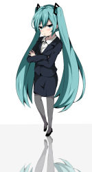 Rule 34 | 1girl, :t, absurdly long hair, anniversary, aqua eyes, aqua hair, artist name, artist request, birthday, black cardigan, black footwear, black high heels, black jacket, black pantyhose, black skirt, blue eyes, blue hair, breasts, cardigan, collared shirt, crossed arms, female focus, formal, full body, gradient hair, hair ornament, half-closed eyes, happy birthday, hatsune miku, high heels, jacket, lolicon de yokatta (vocaloid), long hair, long sleeves, long twintails, looking at viewer, multicolored hair, nekoame, office lady, pantyhose, parted lips, pencil skirt, plaid, plaid skirt, pleated, pleated skirt, shirt, simple background, skirt, skirt suit, small breasts, smile, solo, suit, twintails, v-shaped eyebrows, very long hair, vocaloid, white shirt