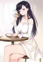 Rule 34 | 1girl, aimee (emi), bare shoulders, black hair, blue eyes, breasts, chair, crossed legs, cup, large breasts, long hair, looking at viewer, md5 mismatch, no bra, off shoulder, original, resolution mismatch, saucer, sitting, solo, source smaller, tea, teacup