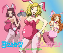 Rule 34 | 3girls, animal ears, artist request, ass, blonde hair, blue eyes, bow, bowtie, breast hold, breasts, cleavage, code geass, cuffs, easter, easter egg, egg, fake animal ears, green eyes, heart, highres, kouzuki kallen, large breasts, long hair, milly ashford, multiple girls, non-web source, one eye closed, open mouth, orange hair, pantyhose, playboy bunny, pregnant, rabbit ears, rabbit tail, red hair, shirley fenette, tail, third-party edit, tray, wink