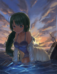 Rule 34 | 10s, 1girl, ahoge, blue eyes, braid, breasts, cleavage, cloud, crying, dress shirt, green hair, highres, kantai collection, kira3430, lingerie, long hair, medium breasts, mole, mole under mouth, open clothes, open shirt, rigging, shirt, single braid, solo, sunset, underwear, very long hair, wading, wet, yuugumo (kancolle)