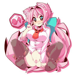 Rule 34 | 1girl, animal ears, blush, bottomless, bow, breasts, censored, crazy developers, eyebrows, green eyes, hair bow, highres, large breasts, long hair, musical note, navel, necktie, original, pink hair, pussy, pussy juice, quaver, sitting, solo, souffle camberetto, souffle gamberetto, speech bubble, spoken musical note, tail, thighhighs, v, very long hair