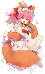 Rule 34 | 1girl, :d, animal ear fluff, animal ears, animal hands, apron, bell, blush, bow, breasts, brown eyes, cat hair ornament, cleavage, collar, commentary request, fangs, fate/grand order, fate (series), fox ears, fox girl, fox tail, full body, gloves, hair between eyes, hair bow, hair ornament, hand up, highres, jingle bell, large breasts, long hair, maid apron, maid headdress, naked apron, neck bell, open mouth, paw gloves, paw shoes, pink hair, red bow, red collar, shoes, simple background, smile, solo, tail, tamamo (fate), tamamo cat (fate), tamamo cat (third ascension) (fate), white apron, white background, yuzuki gao