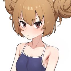 Rule 34 | 1girl, absurdres, aisaka taiga, alternate hairstyle, bare shoulders, blue one-piece swimsuit, blush, breasts, brown eyes, brown hair, collarbone, competition school swimsuit, double bun, frown, grey background, hair bun, highres, one-piece swimsuit, portrait, school swimsuit, short hair, simple background, small breasts, solo, stoll (tmxhf), swimsuit, toradora!, v-shaped eyebrows, white background