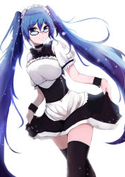 Rule 34 | 1girl, bespectacled, blue eyes, blue hair, choker, glasses, hatsune miku, highres, long hair, maid, maid headdress, matching hair/eyes, qingye ling, skirt hold, solo, thighhighs, twintails, very long hair, vocaloid, white background, wrist cuffs