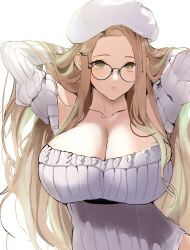Rule 34 | 1girl, adjusting hair, beret, blonde hair, blush, breasts, cleavage, eyelashes, glasses, green eyes, hat, highres, korean commentary, large breasts, leotard, looking at viewer, off shoulder, original, ribbed leotard, solo, upper body, wefightasone 1, white background, white hat, white leotard