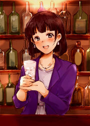 Rule 34 | 1girl, :d, absurdres, amano kosame, black hair, blush, bottle, brown hair, cup, earrings, formal, grey eyes, highres, holding, holding cup, ice, ice cube, indoors, jewelry, looking at viewer, medium hair, necklace, open mouth, purple suit, shino (vppa), smile, snack basue, solo, suit, upper body