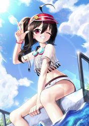 Rule 34 | 1girl, ;d, absurdres, ahoge, arm up, bead bracelet, beads, between legs, bikini, black bikini, black hair, blue sky, bracelet, cloud, crop top, crop top overhang, day, dutch angle, flat chest, goggles, goggles around neck, grin, hair between eyes, highres, huge filesize, jewelry, long hair, looking at viewer, micro shorts, midriff, navel, one eye closed, open mouth, original, outdoors, pellas (panix2383), poolside, red eyes, see-through, shirt, short shorts, short sleeves, shorts, side ponytail, sitting, sky, smile, solo, stomach, striped bikini, striped clothes, sun, sunlight, swimsuit, thighs, visor cap, w, water, white shirt, white shorts
