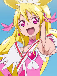 Rule 34 | 1girl, :d, aida mana, blonde hair, blue background, brooch, cure heart, dokidoki! precure, eyelashes, hair ornament, hand on own hip, heart, heart brooch, heart hair ornament, index finger raised, jewelry, long hair, oimanji, open mouth, outstretched arm, pink eyes, pointing, precure, simple background, smile, solo